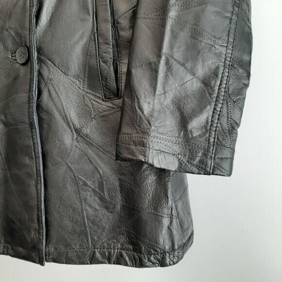 LE WORLD Vintage Genuine Leather Jacket Coat Patchwork Finish Black Sz L - Picture 5 of 14